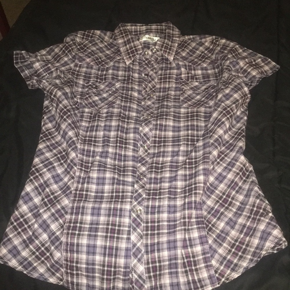 Purple and black flannel with embroidering on back